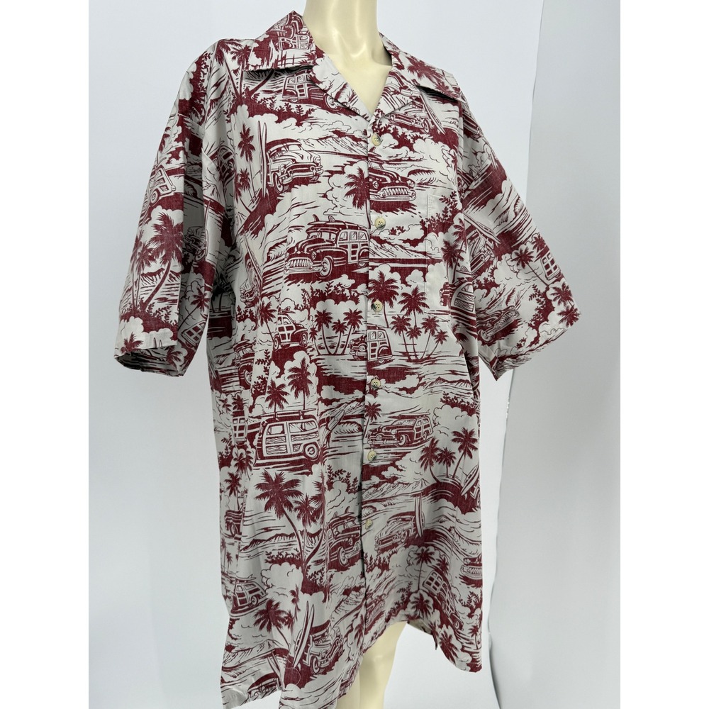 Vintage Go‎ Barefoot Woodie Wagon Surf Mobile Hawaiian Shirt 2XL Tall Burgundy